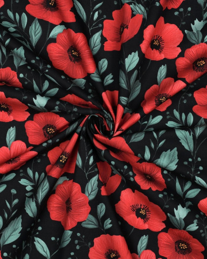Popeline de Coton Coquelicot Fond Noir - Mercerine