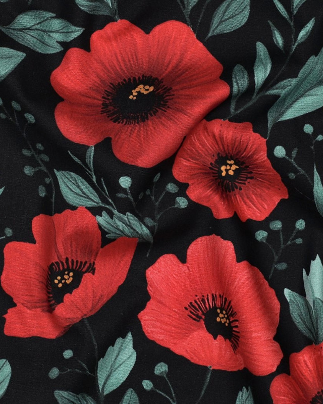 Popeline de Coton Coquelicot Fond Noir - Mercerine