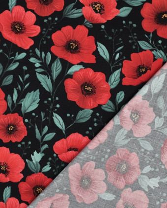 Popeline de Coton Coquelicot Fond Noir - Mercerine