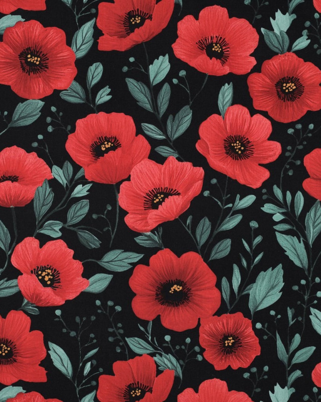 Popeline de Coton Coquelicot Fond Noir - Mercerine
