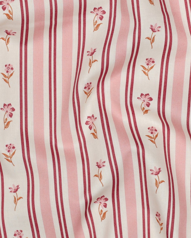 Popeline de Coton Rayures Vintage Rose et Bordeaux - Mercerine