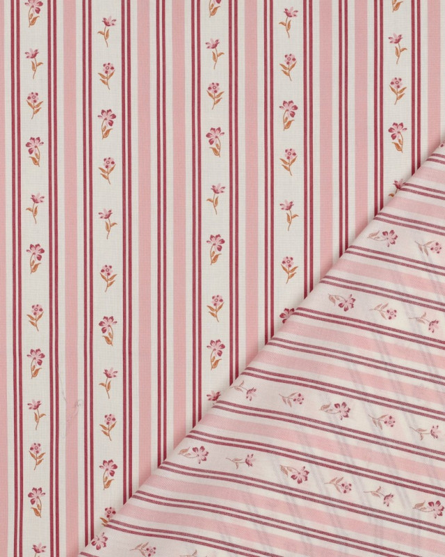 Popeline de Coton Rayures Vintage Rose et Bordeaux - Mercerine