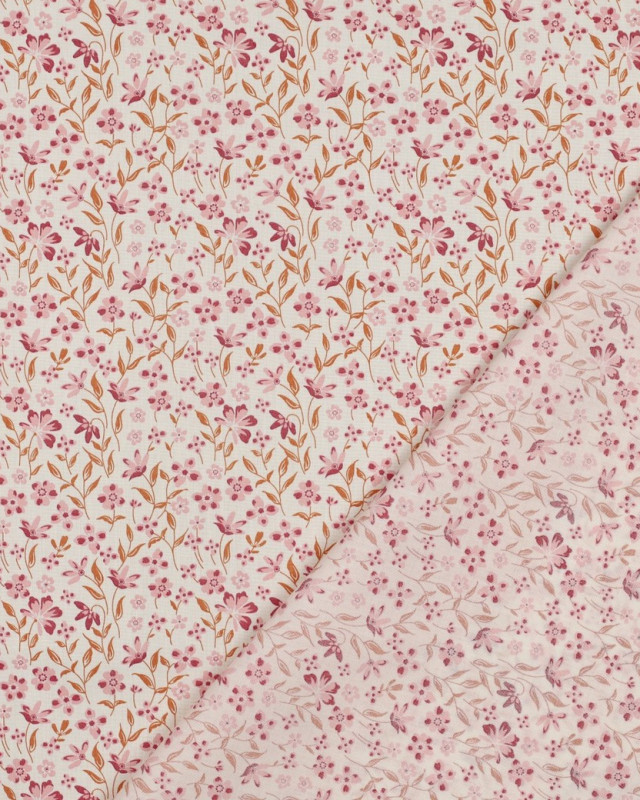 Popeline de Coton Fleuri Rose et Bordeaux - Mercerine