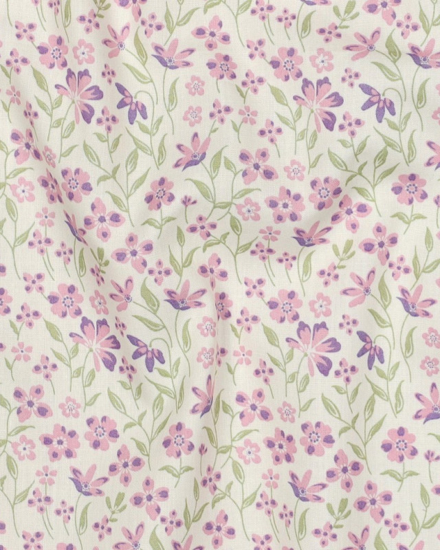 Popeline de Coton Fleuri Rose et Mauve - Mercerine