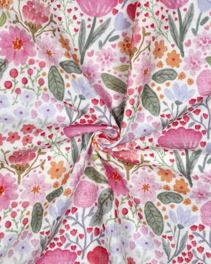Double Gaze Motif Fleuri Champêtre Rose - Mercerine