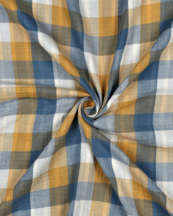 Double Gaze à Carreaux Double Face Bleu et Ocre - Mercerine