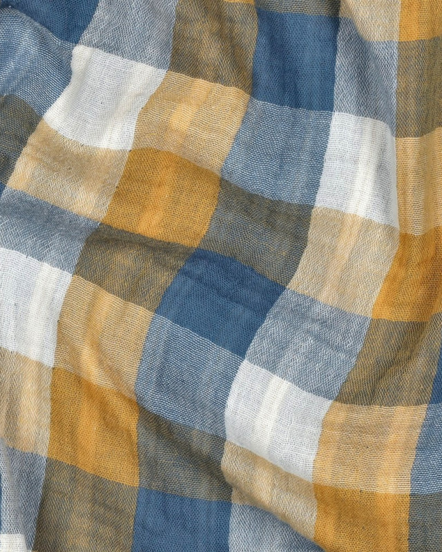 Double Gaze à Carreaux Double Face Bleu et Ocre - Mercerine