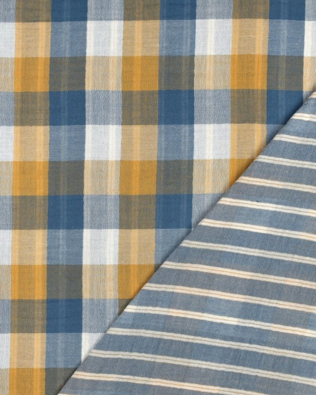 Double Gaze à Carreaux Double Face Bleu et Ocre - Mercerine