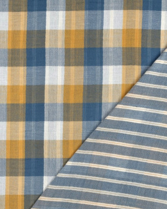 Double Gaze à Carreaux Double Face Bleu et Ocre - Mercerine