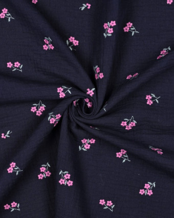 Double Gaze Bleu Marine Motif Fleuri Brodé Mauve - Mercerine