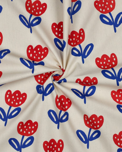 Popeline de Coton Gots Tulipes Rouges et Bleues - Mercerine