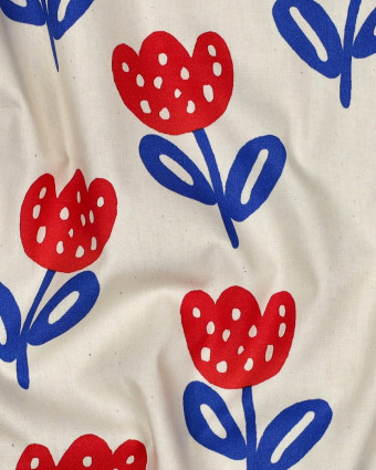 Popeline de Coton  Tulipes Rouges et Bleues - Mercerine