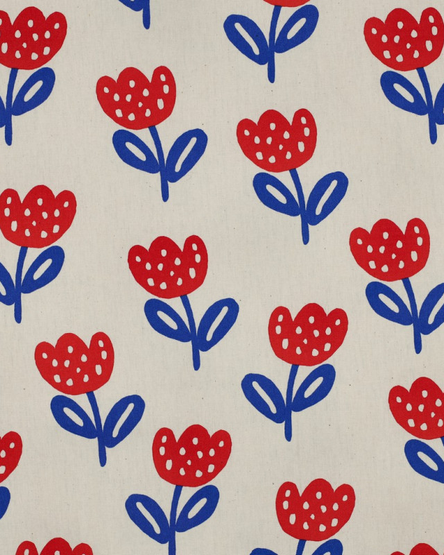 Popeline de Coton  Tulipes Rouges et Bleues - Mercerine