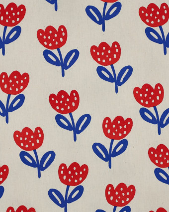 Popeline de Coton  Tulipes Rouges et Bleues - Mercerine