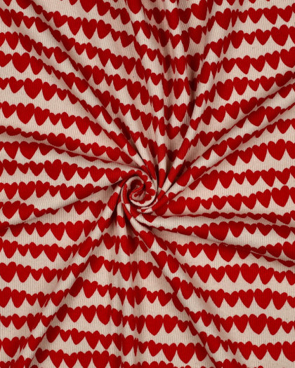 Jersey de Coton Côtelé Cœurs Rouges - Mercerine