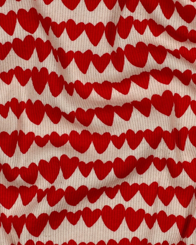 Jersey de Coton Côtelé Cœurs Rouges - Mercerine