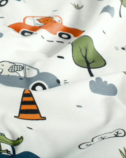 Jersey de Coton Ecru Petits Animaux en Voiture - Mercerine