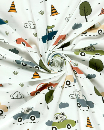 Jersey de Coton Ecru Petits Animaux en Voiture - Mercerine