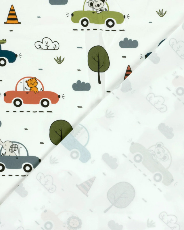Jersey de Coton Ecru Petits Animaux en Voiture - Mercerine