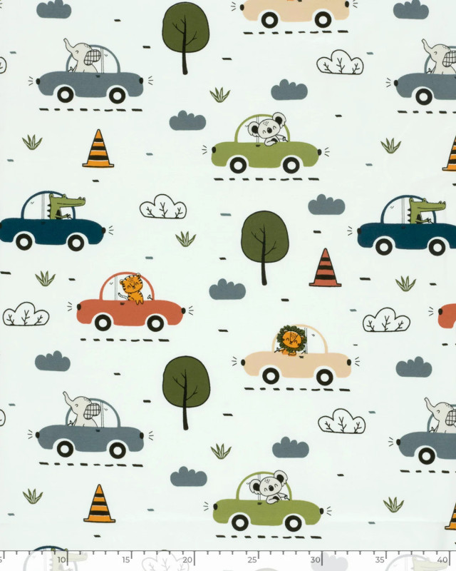 Jersey de Coton Ecru Petits Animaux en Voiture - Mercerine