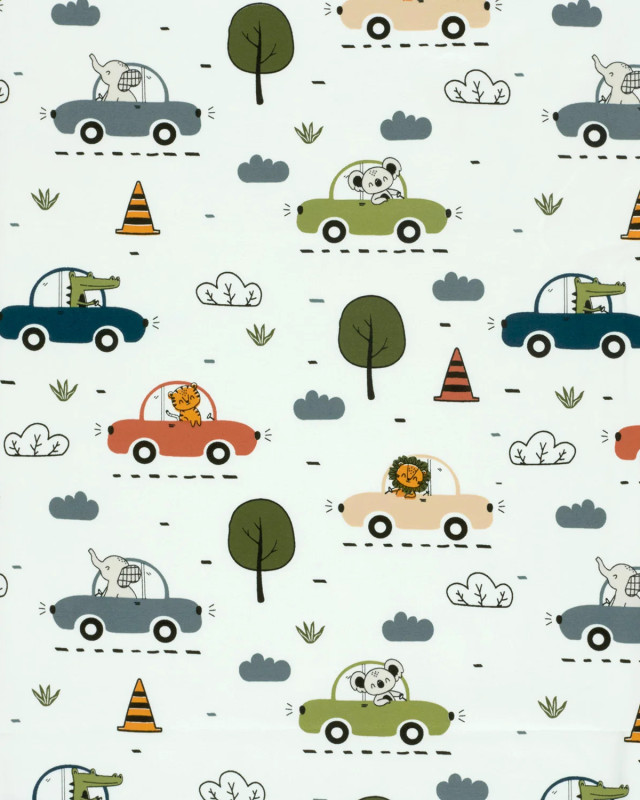Jersey de Coton Ecru Petits Animaux en Voiture - Mercerine