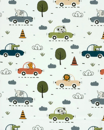 Jersey de Coton Ecru Petits Animaux en Voiture - Mercerine