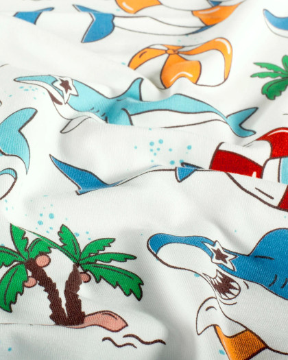 Jersey de Coton Ecru Motif Requin Fun - Mercerine