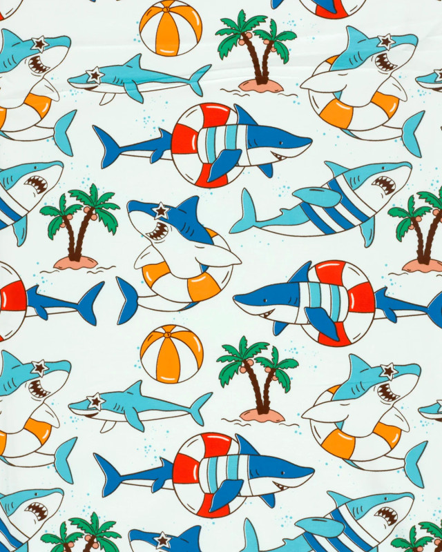 Jersey de Coton Ecru Motif Requin Fun - Mercerine