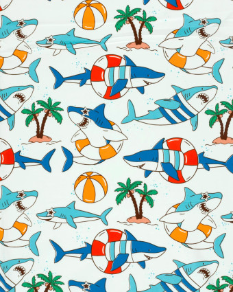 Jersey de Coton Ecru Motif Requin Fun - Mercerine