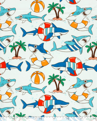 Jersey de Coton Ecru Motif Requin Fun - Mercerine