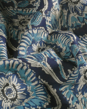 Voile de Coton Esprit Indien Indigo Fleurs Bleues - Mercerine