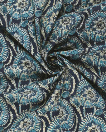 Voile de Coton Esprit Indien Indigio Fleurs Bleues - Mercerine