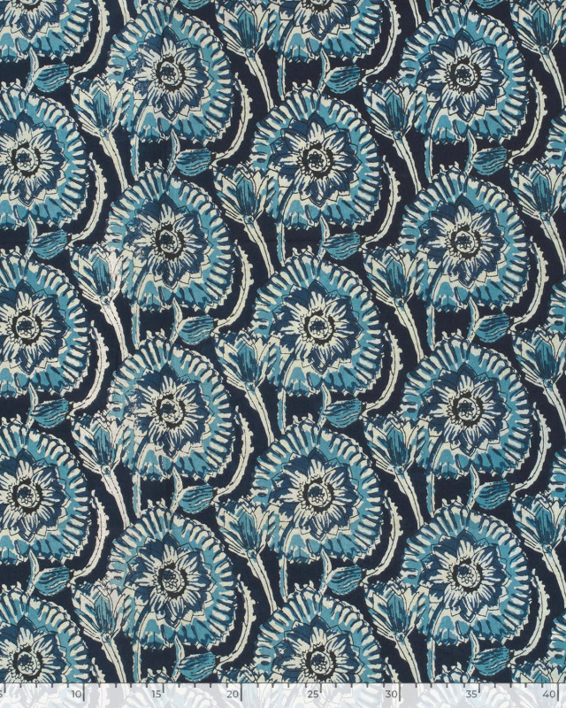 Voile de Coton Esprit Indien Indigio Fleurs Bleues - Mercerine