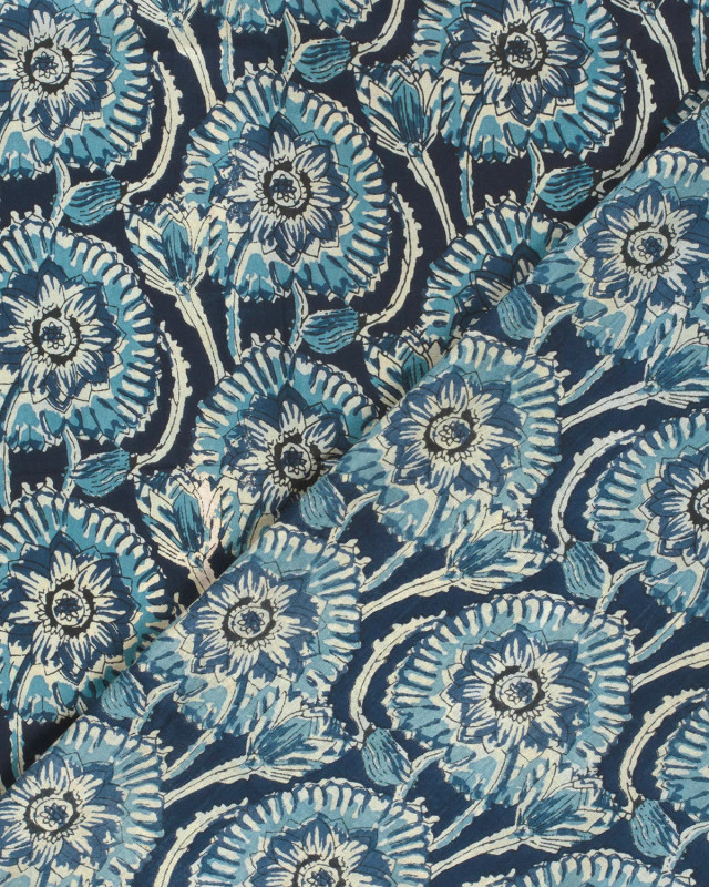 Voile de Coton Esprit Indien Indigio Fleurs Bleues - Mercerine