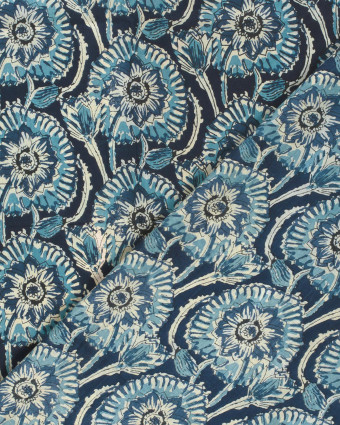 Voile de Coton Esprit Indien Indigio Fleurs Bleues - Mercerine
