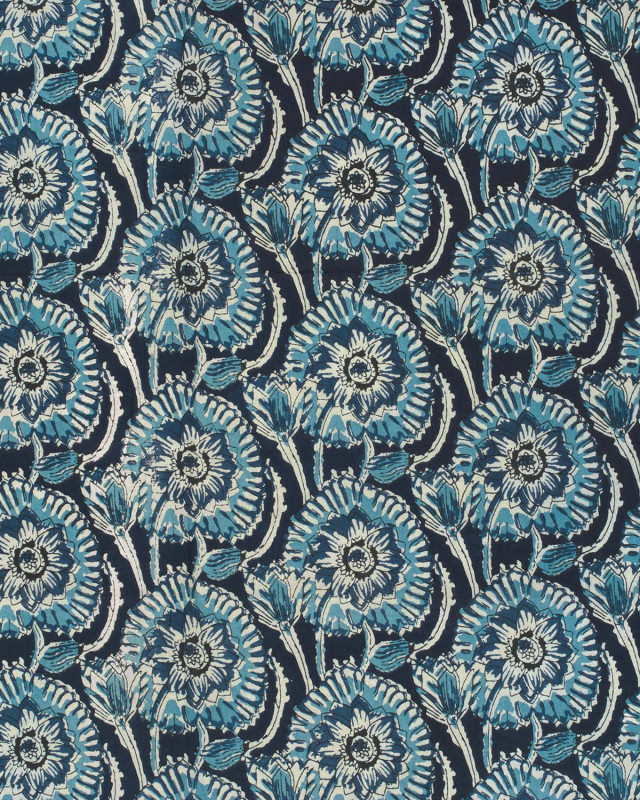 Voile de Coton Esprit Indien Indigio Fleurs Bleues - Mercerine