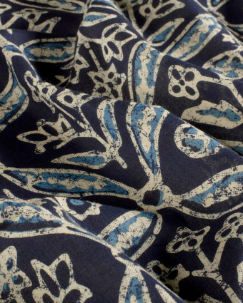 Voile de Coton Esprit Indien Indigo Petites Fleurs Bleues - Mercerine