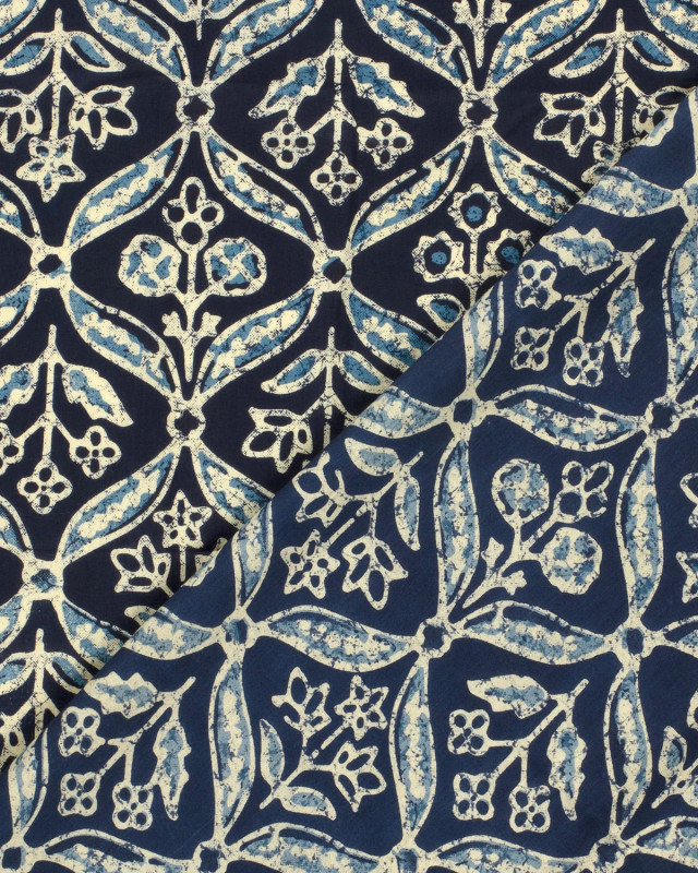 Voile de Coton Esprit Indien Indigo Petites Fleurs Bleues - Mercerine