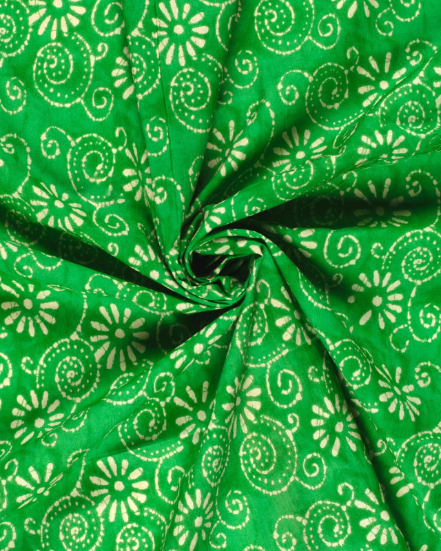 Voile de Coton Esprit Indien Vert Motif Fleuri Bohème - Mercerine