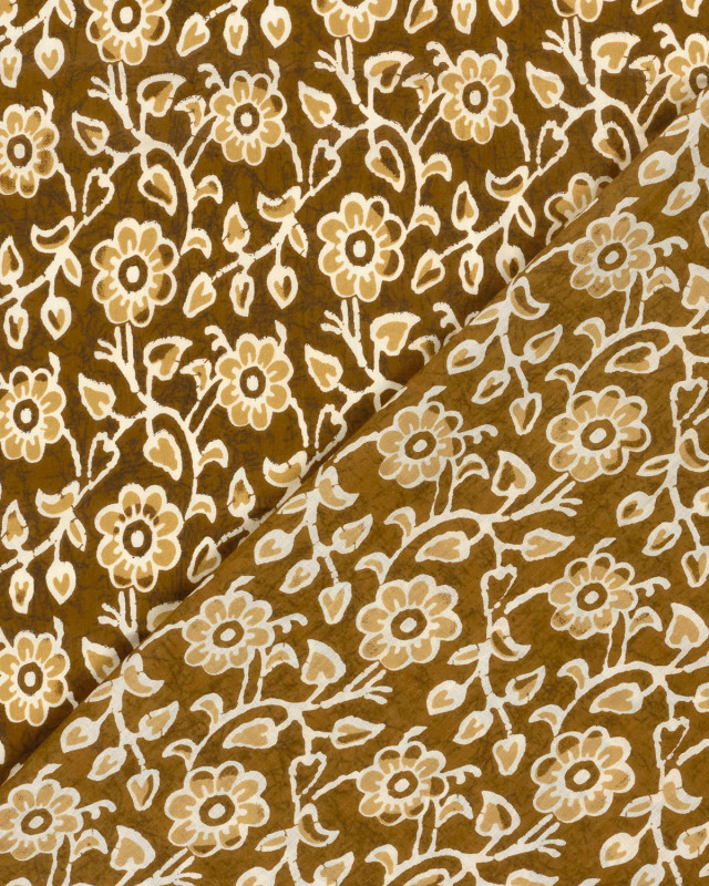 Voile de Coton Esprit Indien Curry Motif Fleuri - Mercerine
