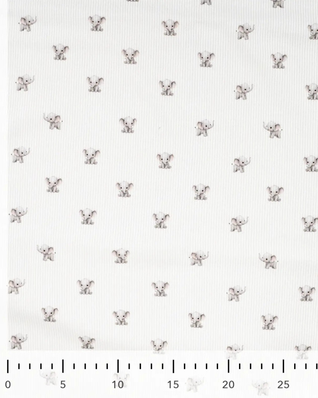 Tissu Jersey Côtelé Blanc Motif Eléphant - Mercerine