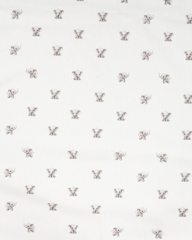 Tissu Jersey Côtelé Blanc Motif Eléphant - Mercerine