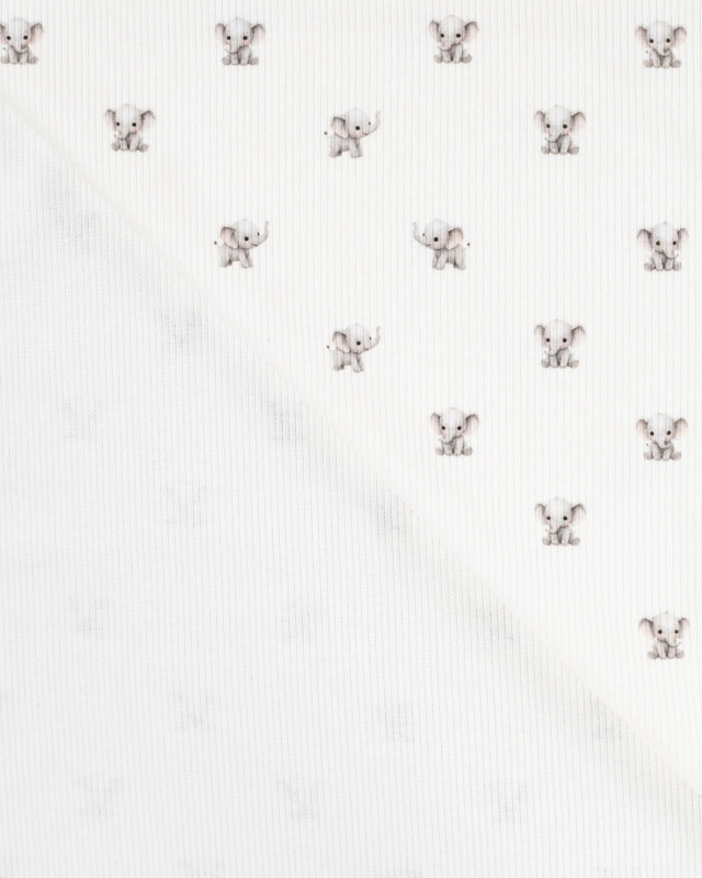 Tissu Jersey Côtelé Blanc Motif Eléphant - Mercerine