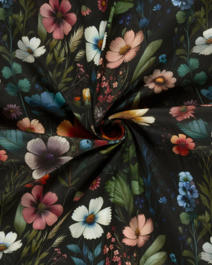 Tissu Coton Epais Panama Noir Imprimé Numérique Fleuri - Mercerine