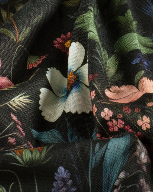 Tissu Coton Epais Panama Noir Imprimé Numérique Fleuri - Mercerine