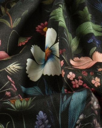 Tissu Coton Epais Panama Noir Imprimé Numérique Fleuri - Mercerine
