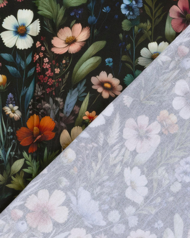 Tissu Coton Epais Panama Noir Imprimé Numérique Fleuri - Mercerine