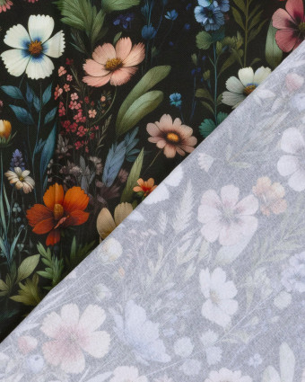 Tissu Coton Epais Panama Noir Imprimé Numérique Fleuri - Mercerine