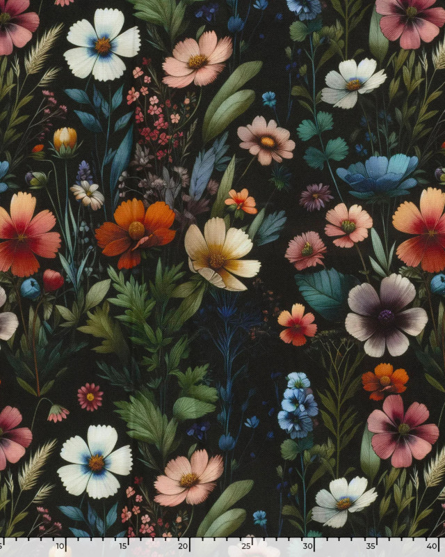 Tissu Coton Epais Panama Noir Imprimé Numérique Fleuri - Mercerine