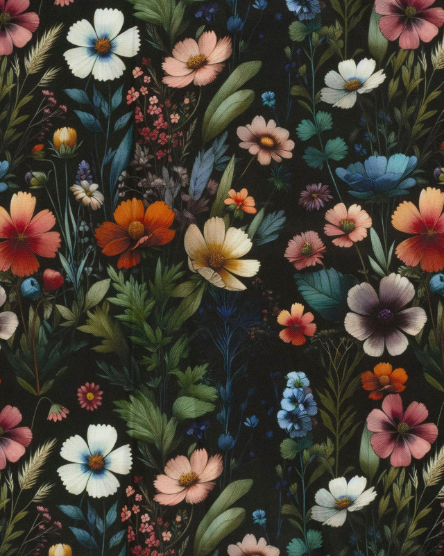 Tissu Coton Epais Panama Noir Imprimé Numérique Fleuri - Mercerine